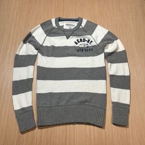 Aeropostale Grey White Striped Knit Sweater Aero-NY Ath Dept Raglan Womens Small